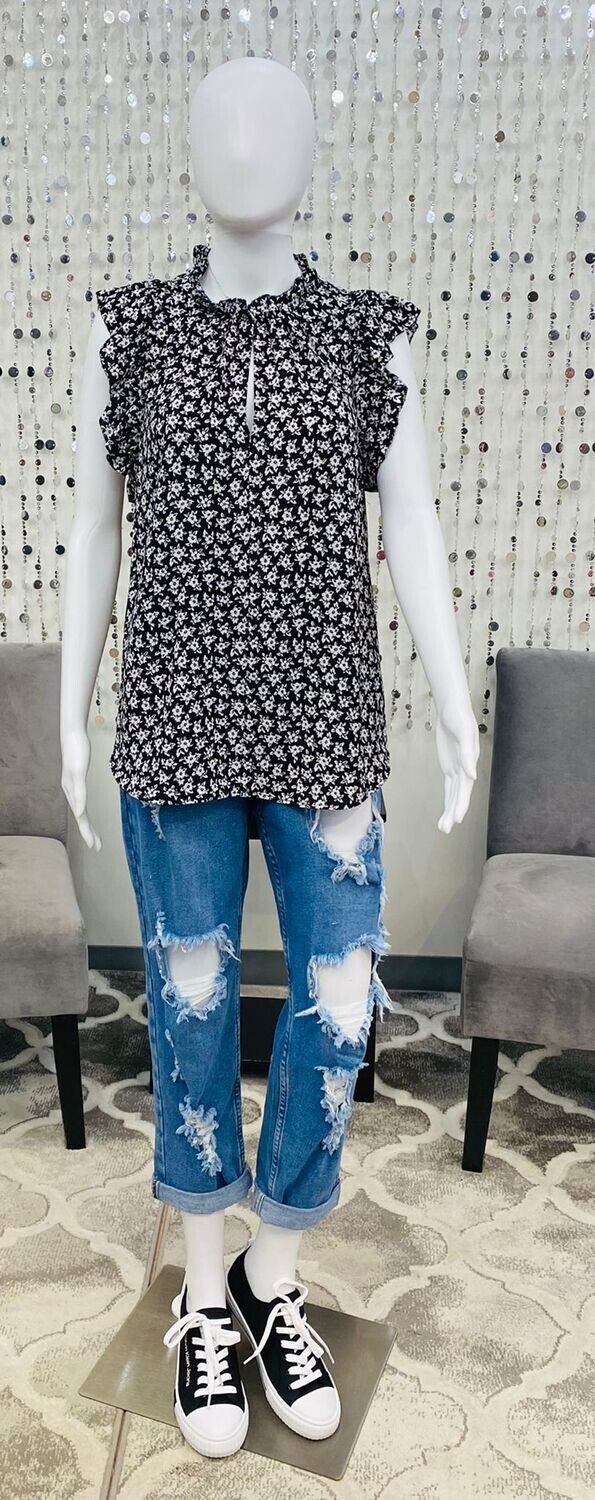 MS240CI5 Floral Ruffle Top-Black/White
