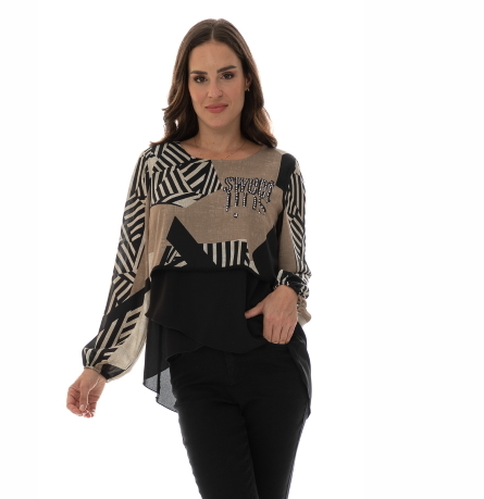 7797 Bali Printed Blouse-Black/Tan