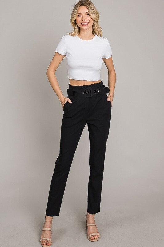 Belted Slim Fit Pants-Black