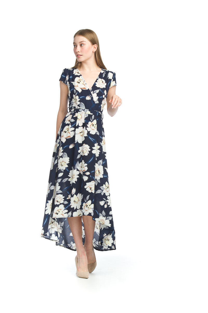 PD-12527 Floral Crepe Wrap Dress-Navy Multi
