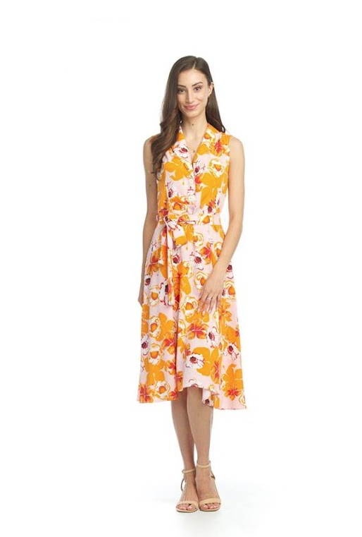 PD-12620 Floral Button Collar Dress-Orange