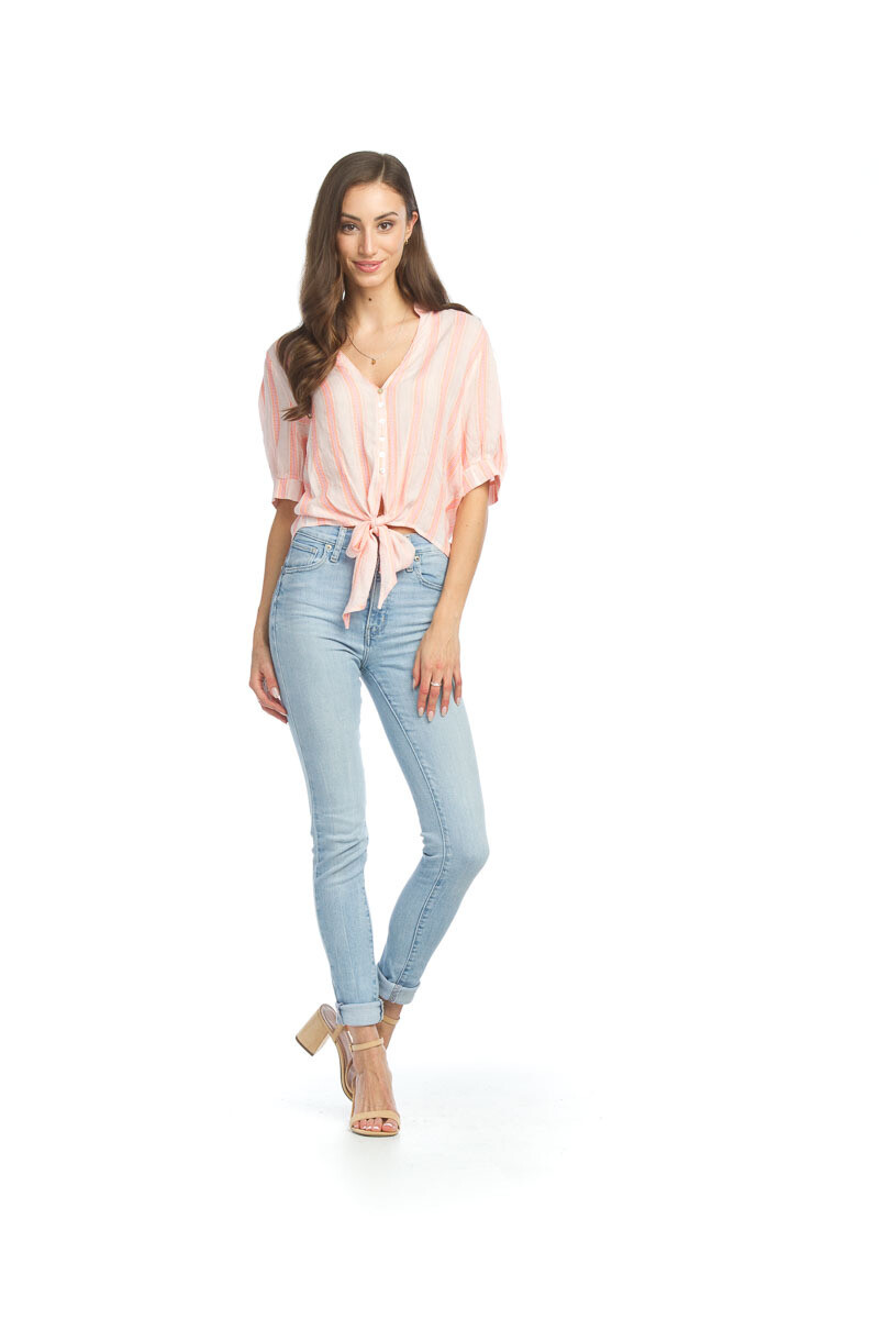PT-12056 Striped Front Tie Top-Pink Multi