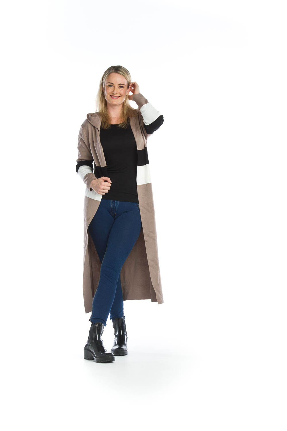 JT-13720 Ribbed Striped Hooded Cardigan-Taupe