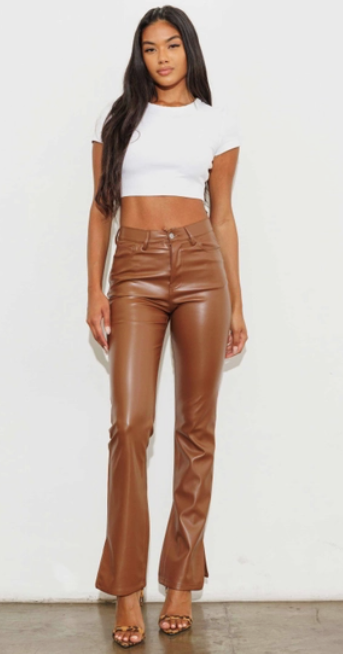 Vegan Side Slit Straight Leg Pants-Cognac