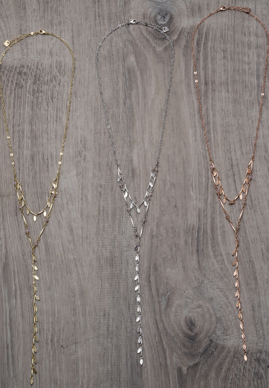 6N27 Multi Leaf Y-Necklace-Gold/Pink