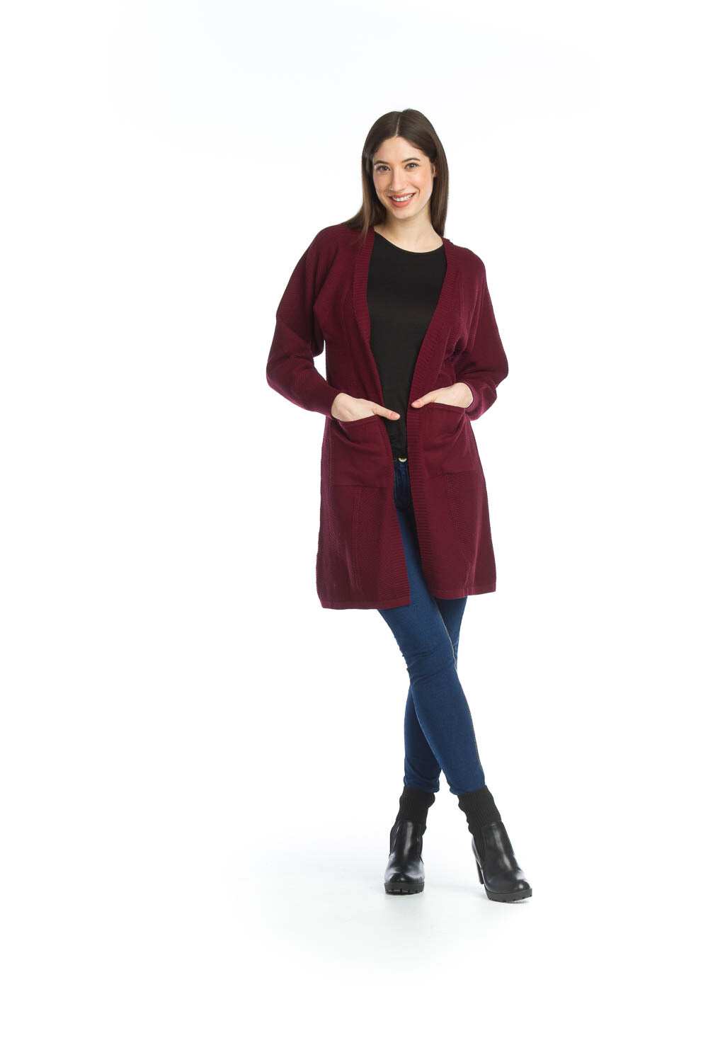 13239 Rib Long Cardigan W pockets-Burgundy