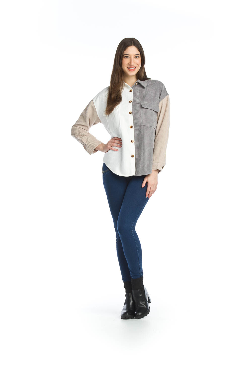 13006 Patchwork Button Front Shirt-Grey/Beige