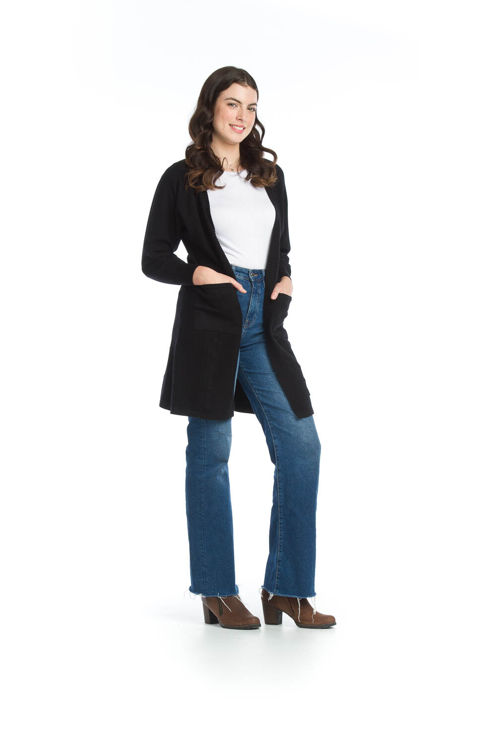 13239 Rib Long Cardigan W pockets-Black