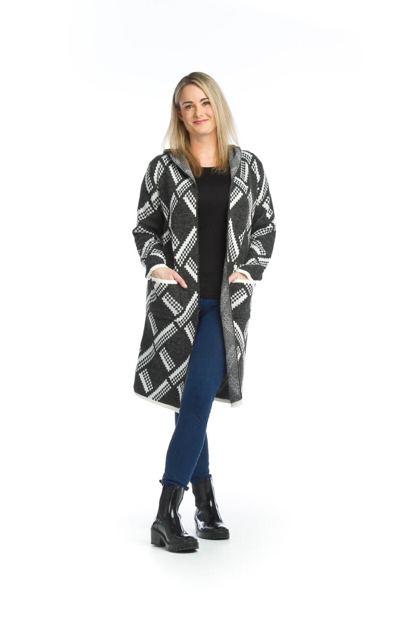 13724 Diamond Knit Hooded Coatigan-Charcoal