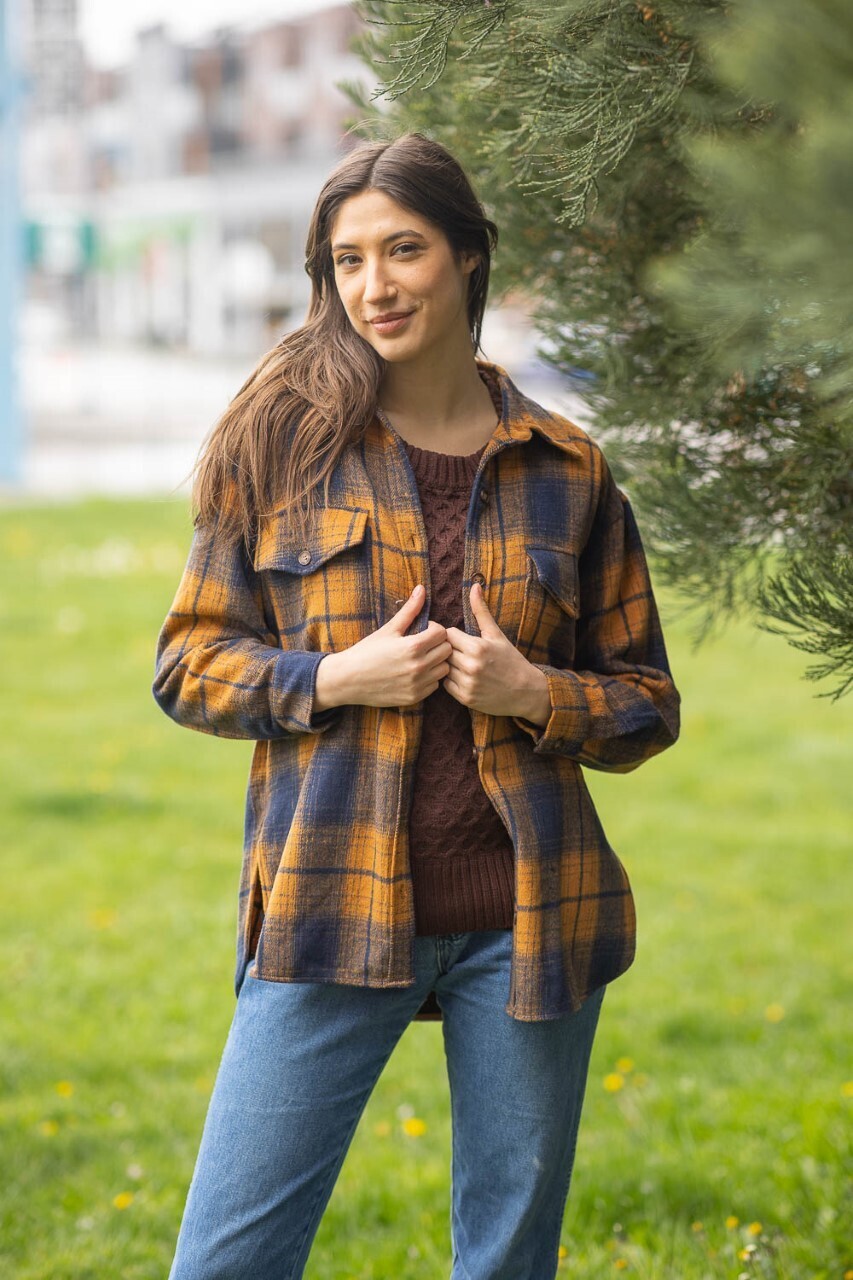 13766 Soft Brushed Flannel Shacket-Mustard/Navy
