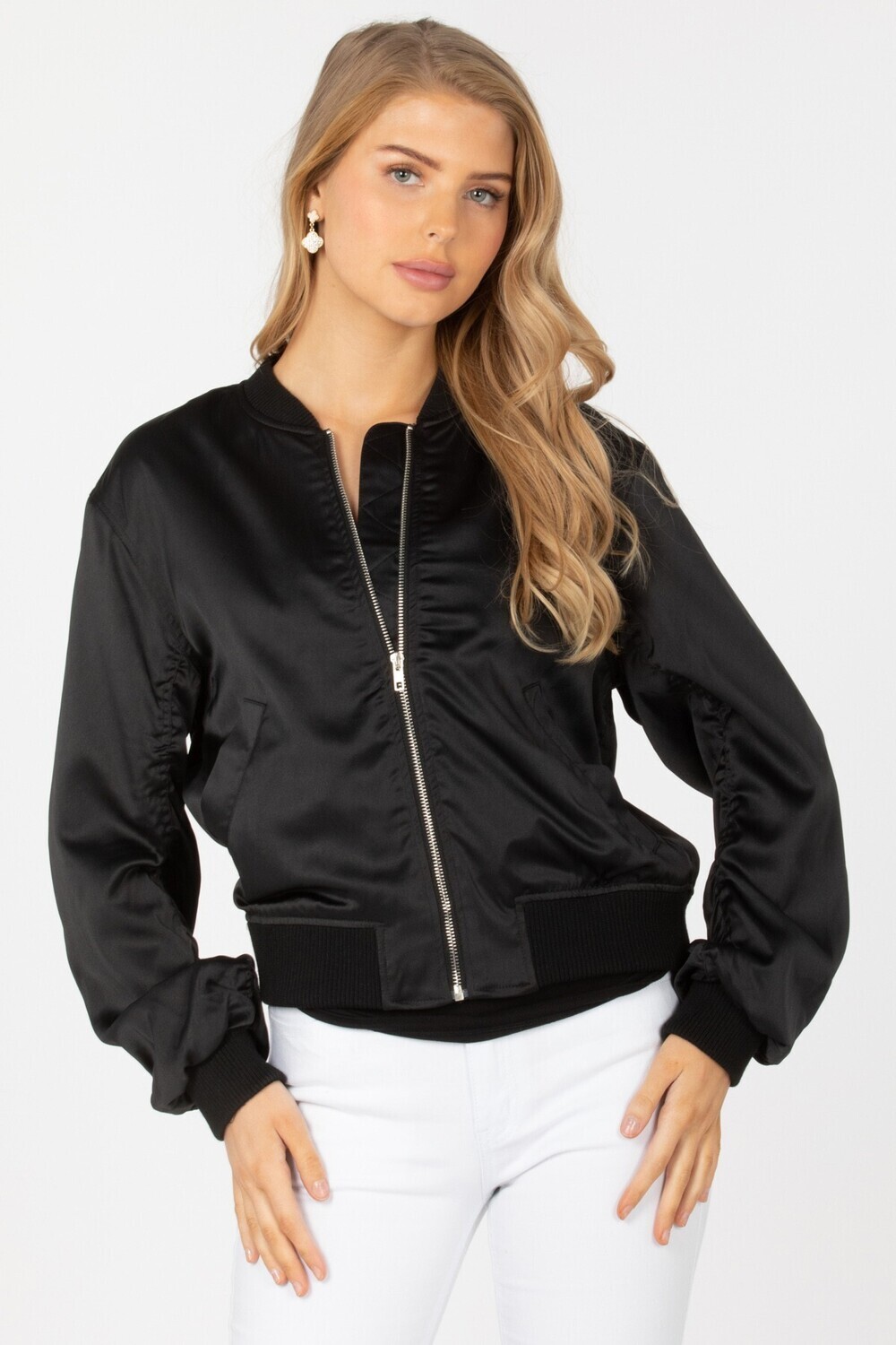 Ruched Bomber Jacket-Black