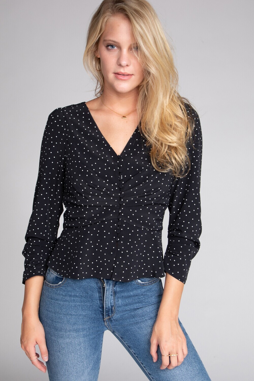 Button V-Neck Blouse-Black Dotted