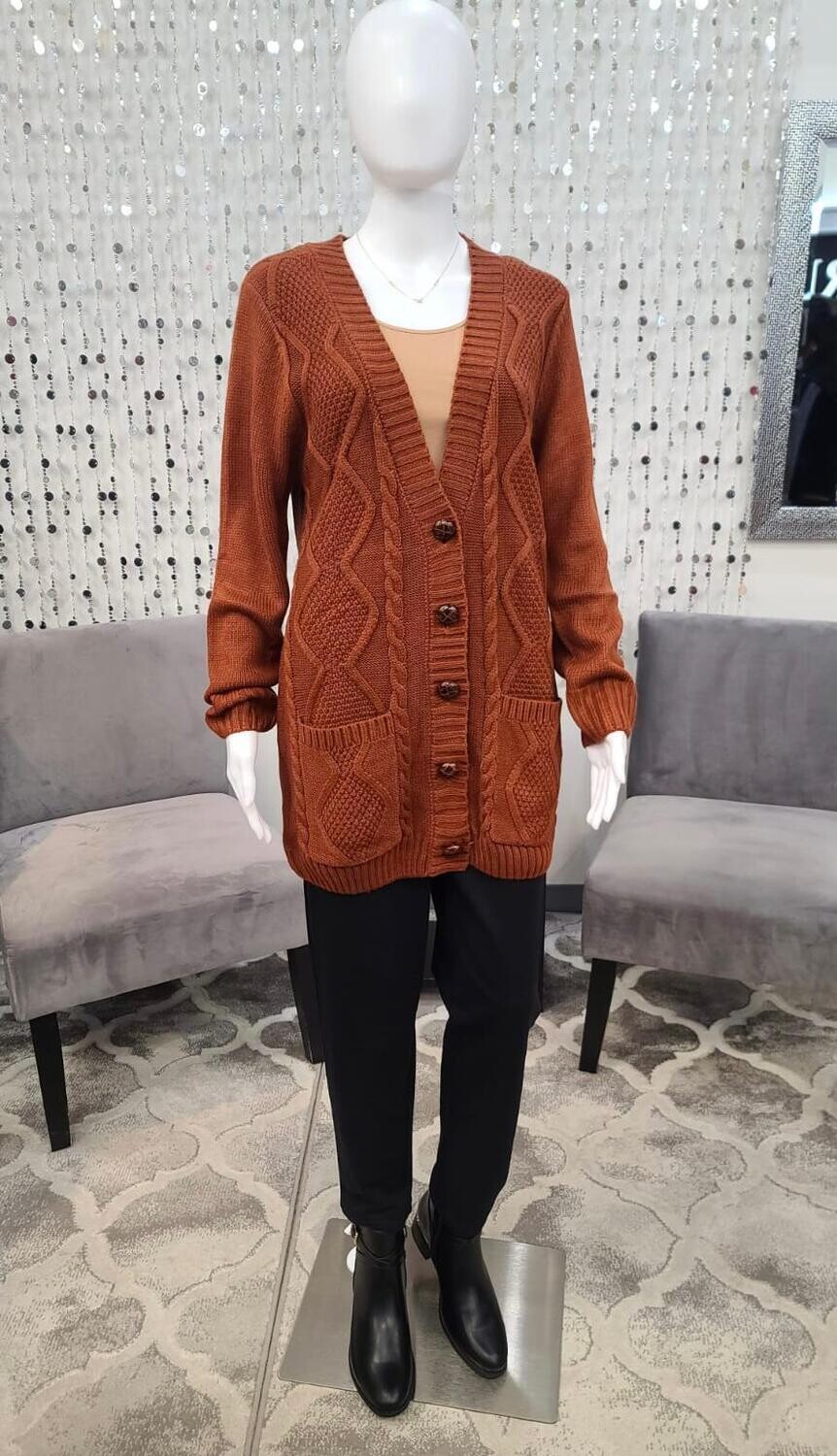 13223 Cable Knit Button Up Cardigan-Rust