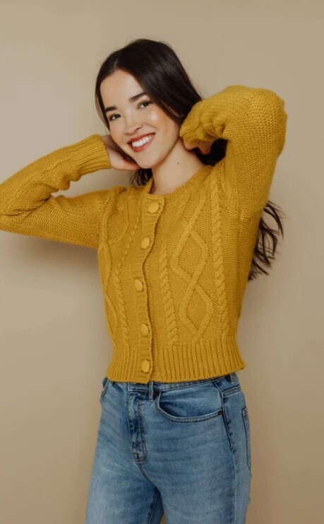 1212 Janelle Cabled Shrunken Cardi- Ochre