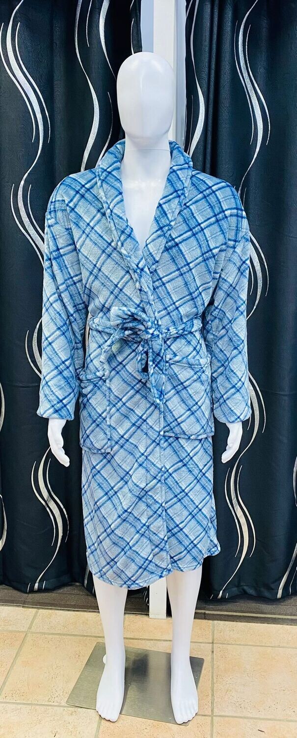 Men Shawl Collar Robe-Grey Plaid