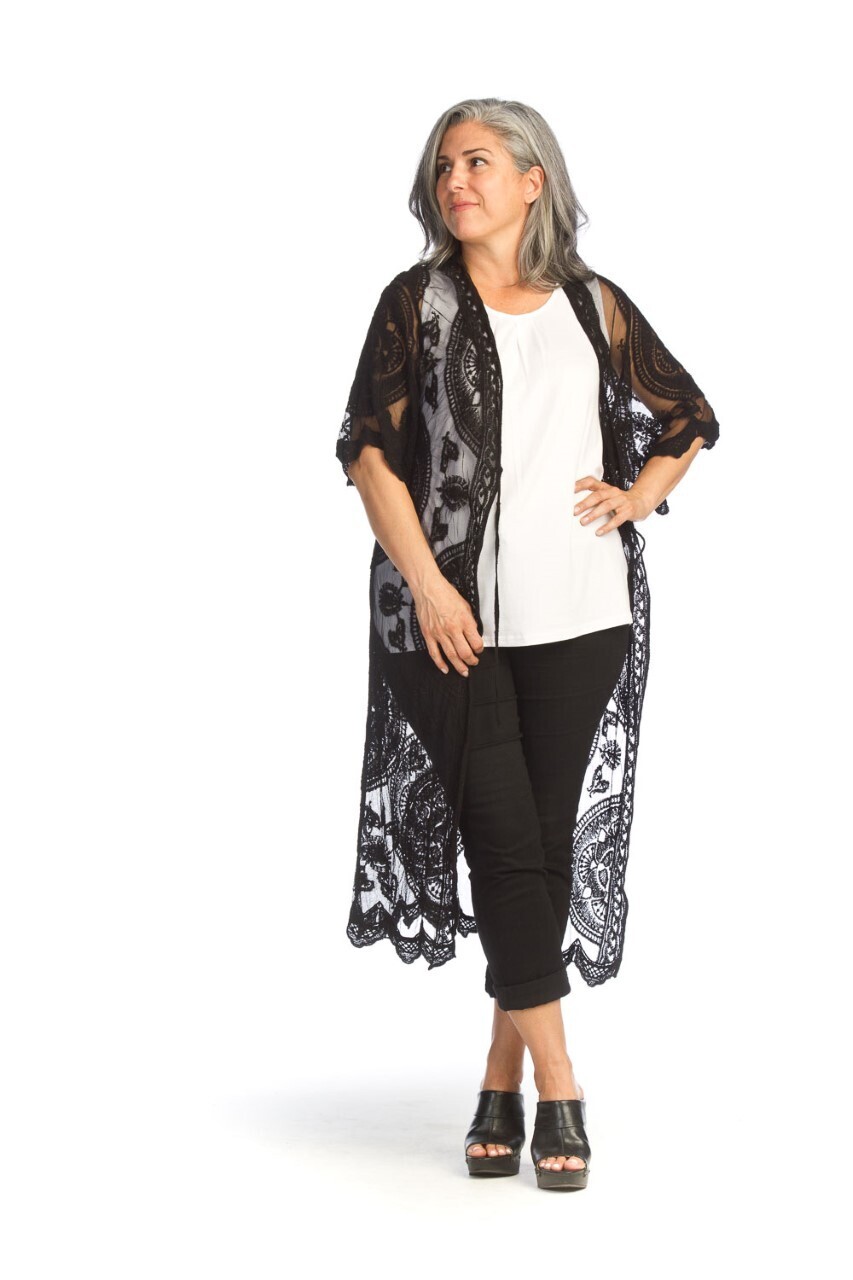 PT-14027 Embroidered 1/2 Sleeve Duster-Black
