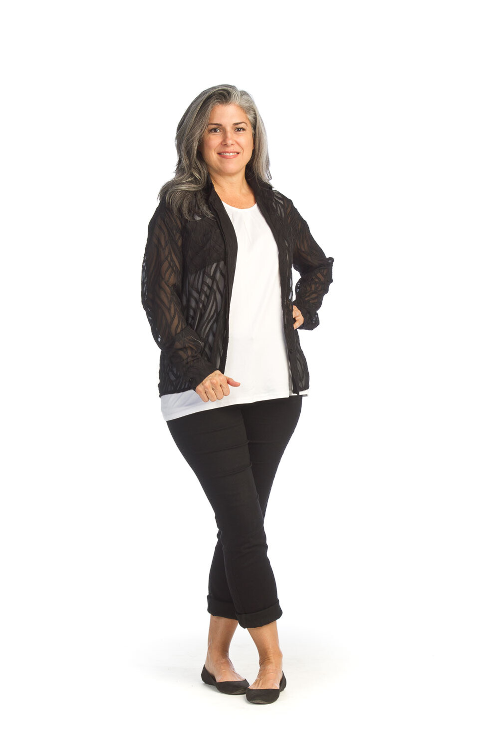 PT-14014 Burnout Oversized Collared Blouse-Black