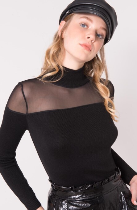 15579 Sheer Shoulder Knit Top-Black