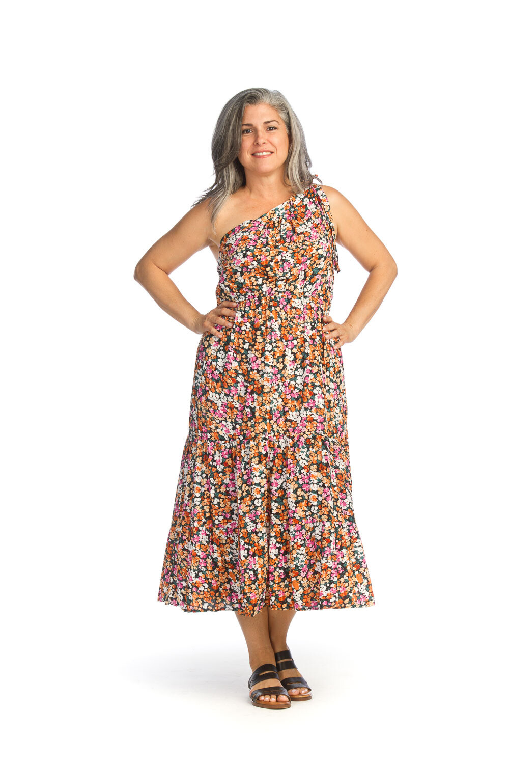 PD-14605 Floral One Shoulder Dress- Orange Multi