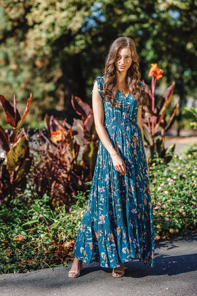 PD-14529 Floral Button Front Maxi Dress-Teal Blue