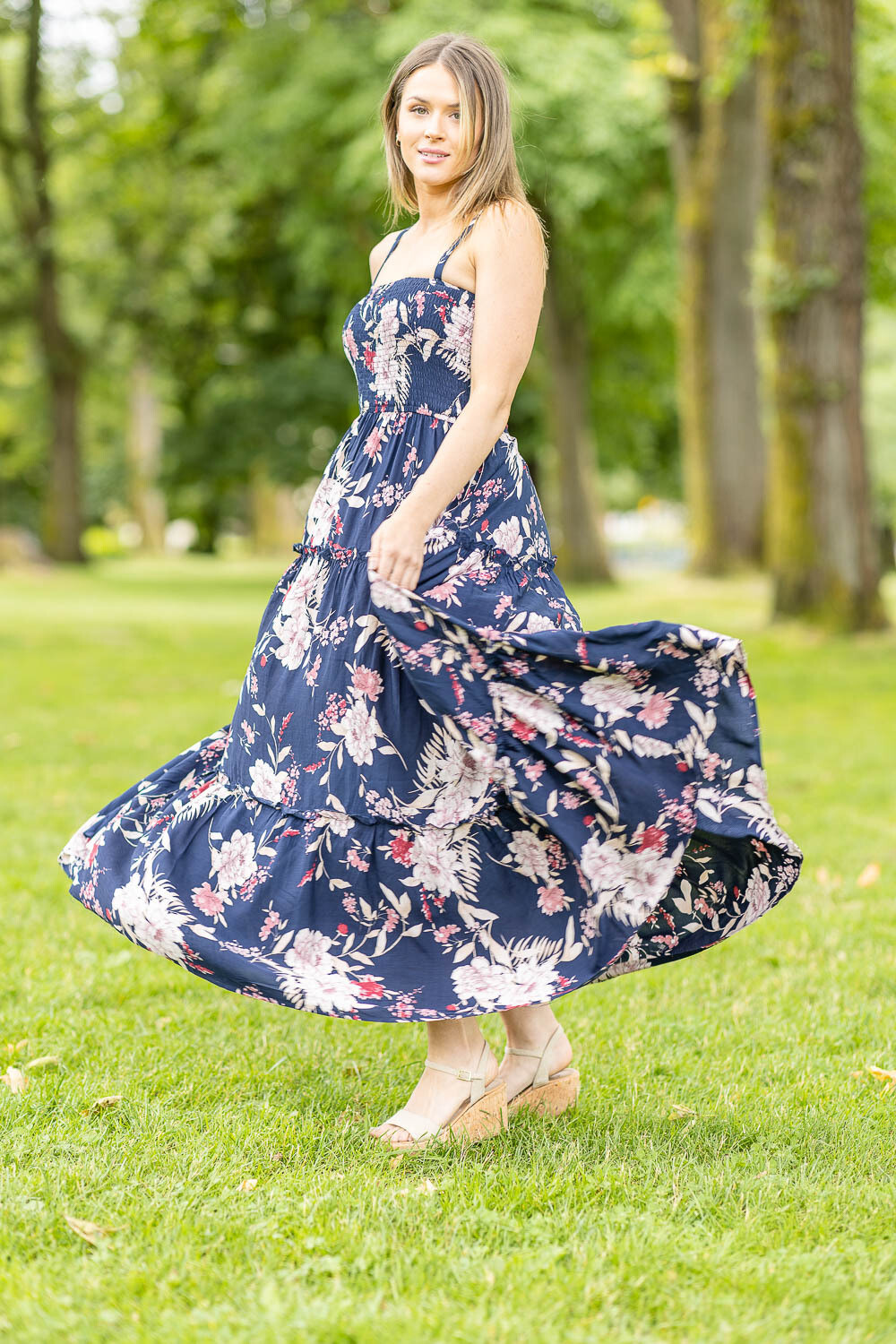 PD-14553 Smocked Floral Maxi Dress-Navy Multi