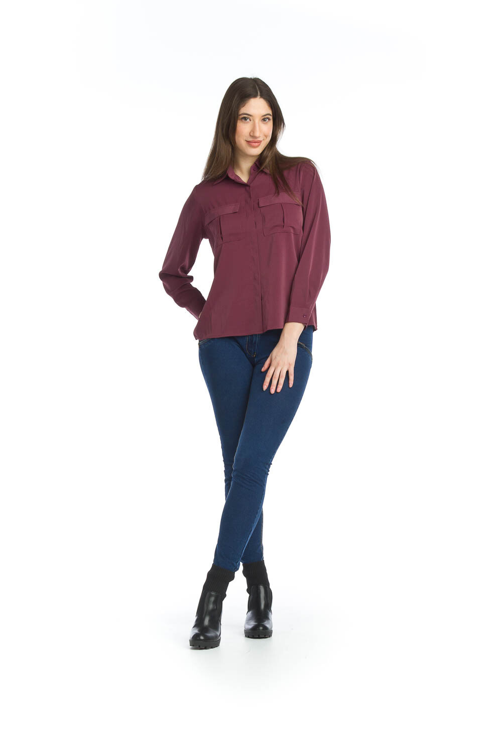 PT-11048 Collard Button Front Blouse-Plum