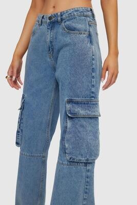 WKUL-LCR916 Low Rise Cargo Jeans-Vintage Blue
