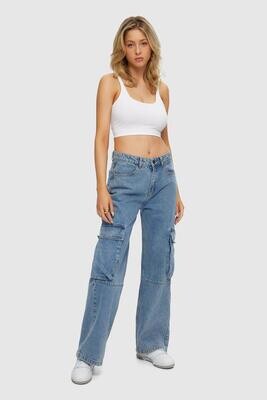 WKUL-LCR916 Low Rise Cargo Jeans-Vintage Blue