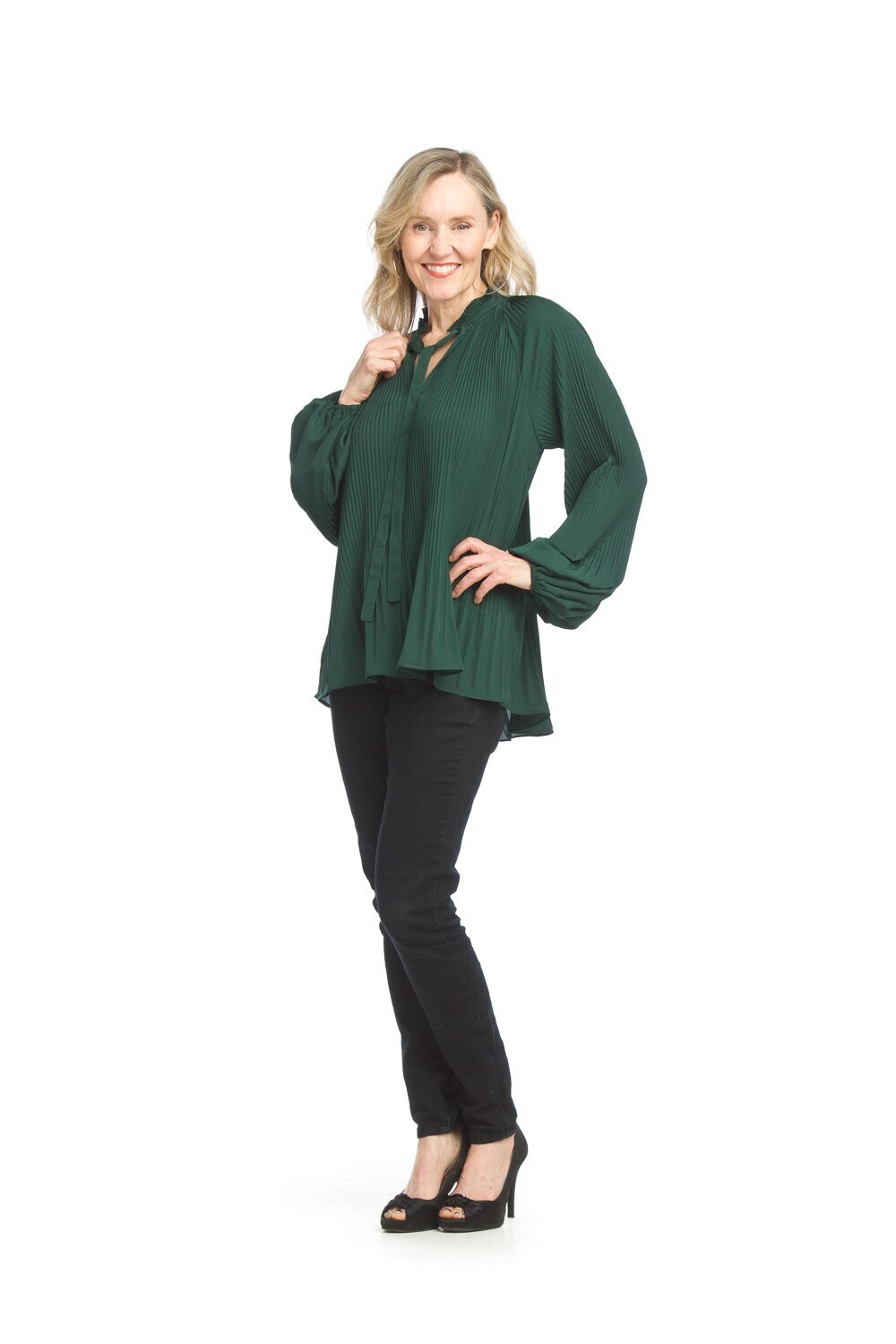 PT-15004 Pleated L/S Blouse-Emerald Green
