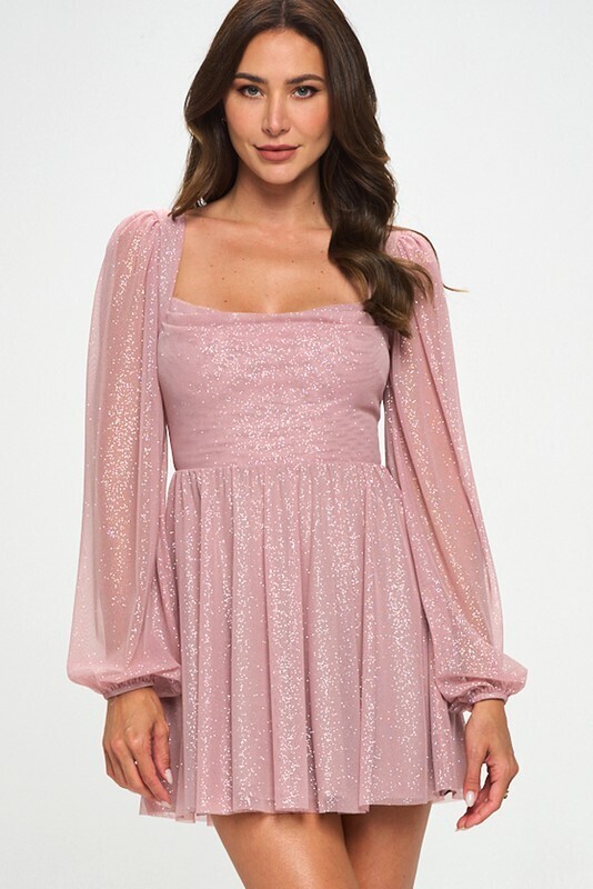 Skater Lace Up  Mini Dress-Glitter Mauve