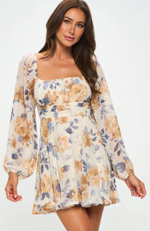 Floral L/S Tie Back Skater Dress-Cream Multi