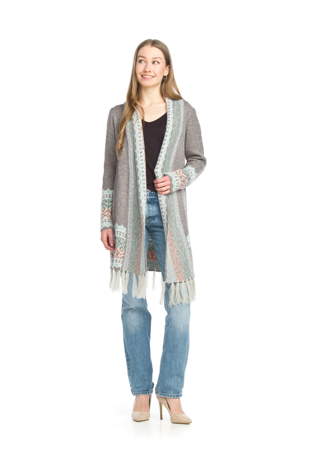 JT-15750 Knit Cardigan W Tassel-Grey Multi