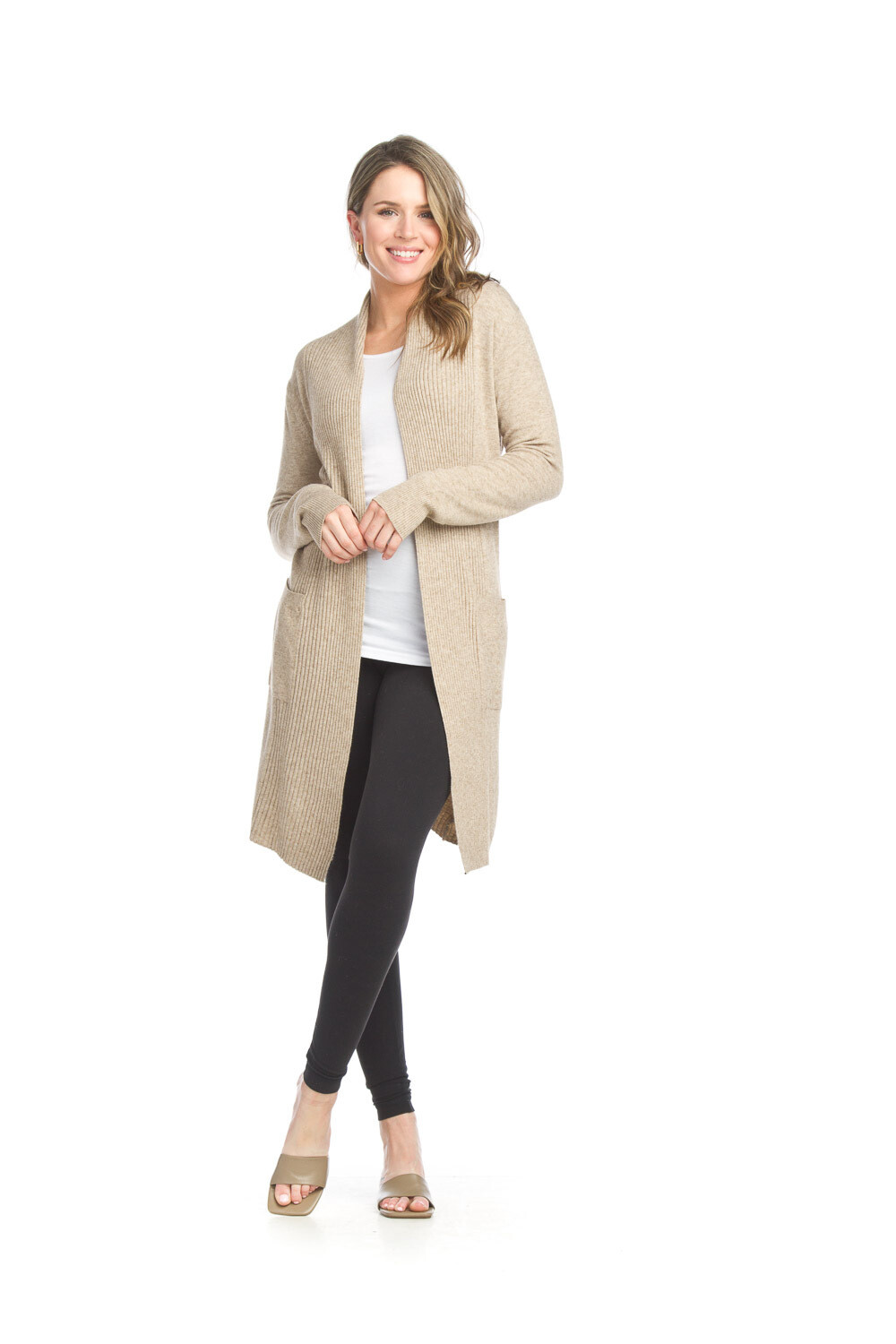ST-13303 Ribbed Pointelle Cardigan-Taupe