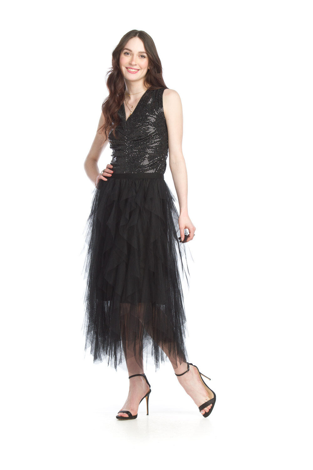 PT-15026 Sequin Ruched Tank Top-Black