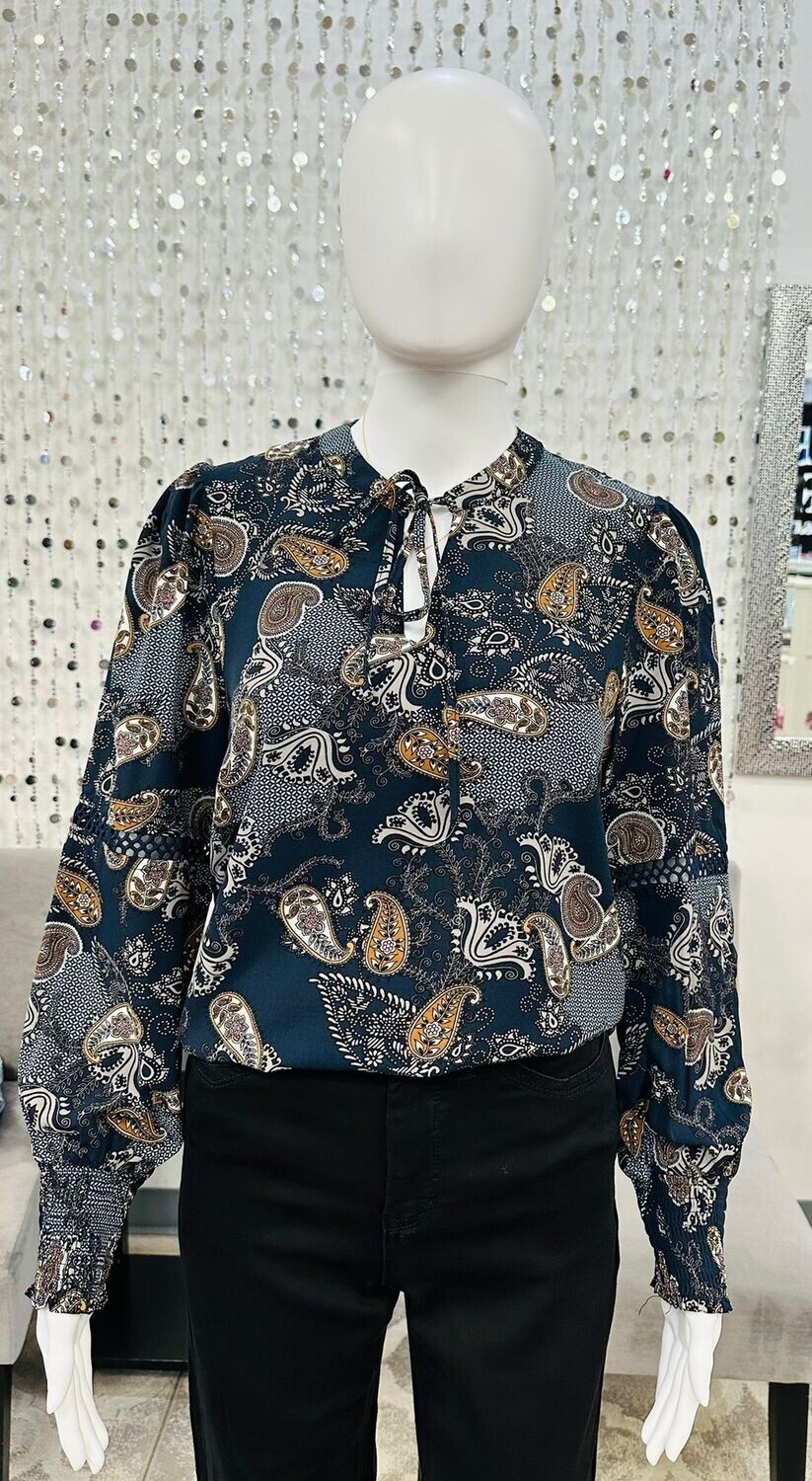 2138 Joelle Tie Neck Printed Blouse-Denim Blue