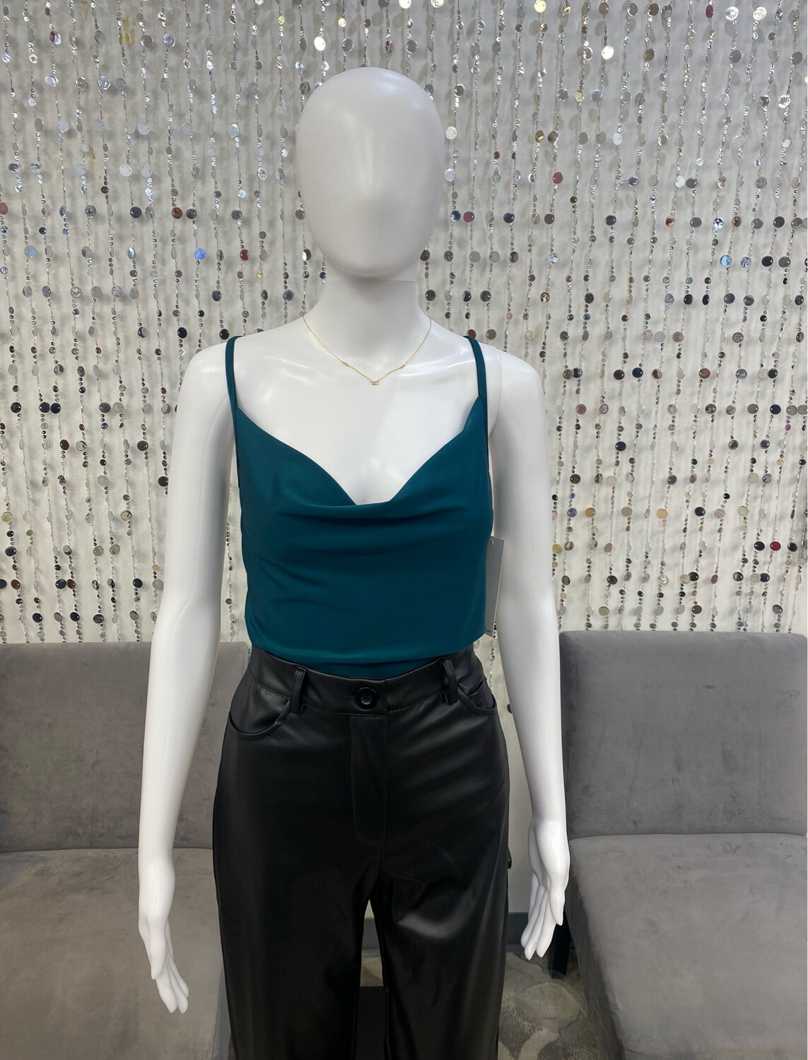 85451481 Satin Cowl Neck Tank-Teal
