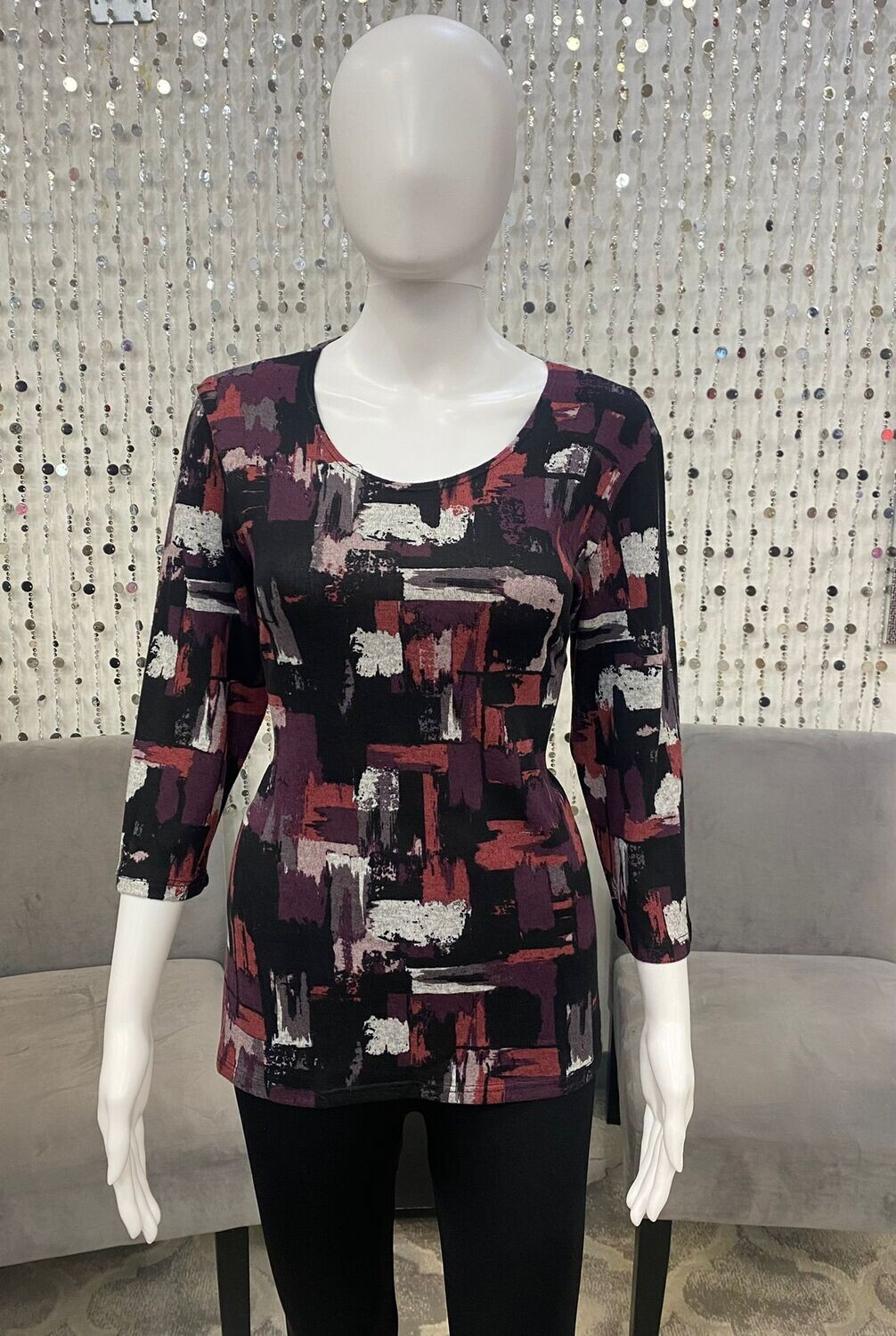 5011 Printed Sweater Top-Burgundy