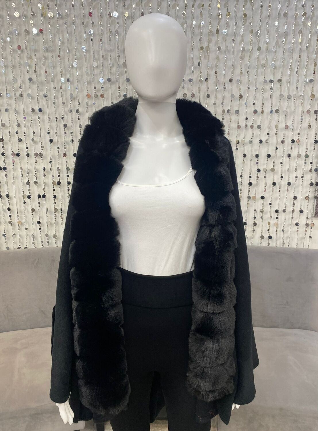 E74206-C3 Pasha Fur Poncho-Black