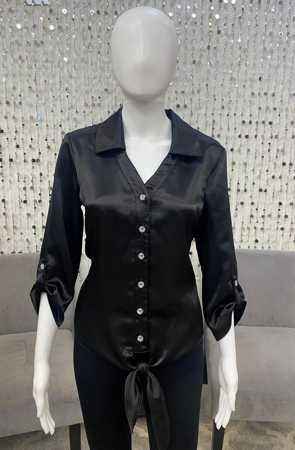 33378 Satin Blouse With Rhinestone Buttons-Black