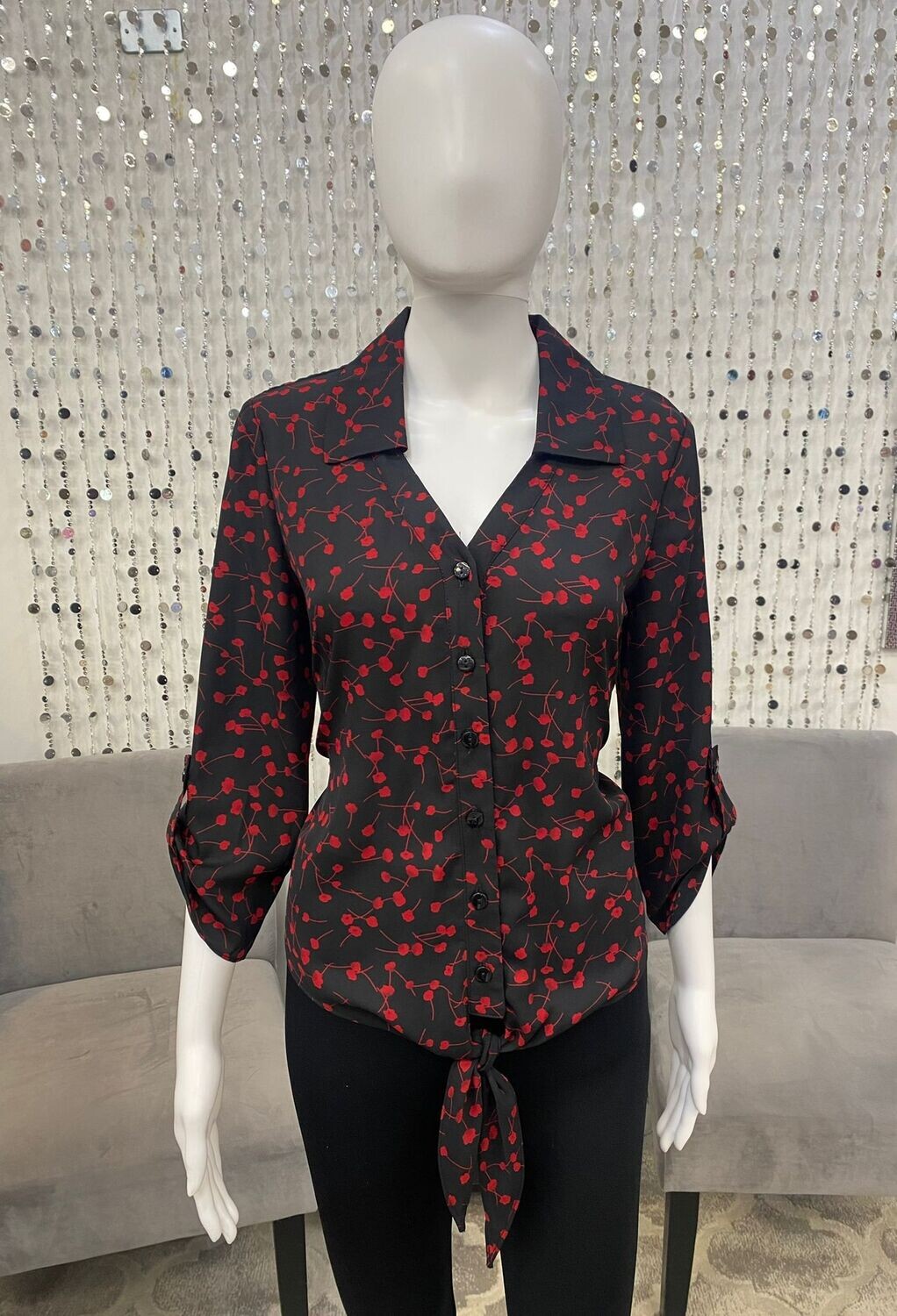 33384 Button Front Tie Blouse-Red/Black