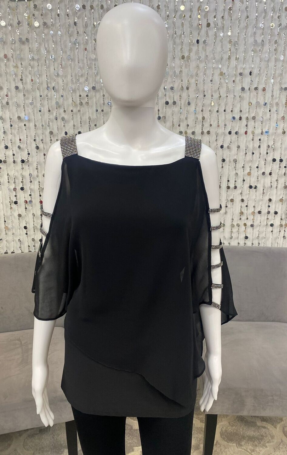 69014 Sleeveless Rhinestone Blouse-Black