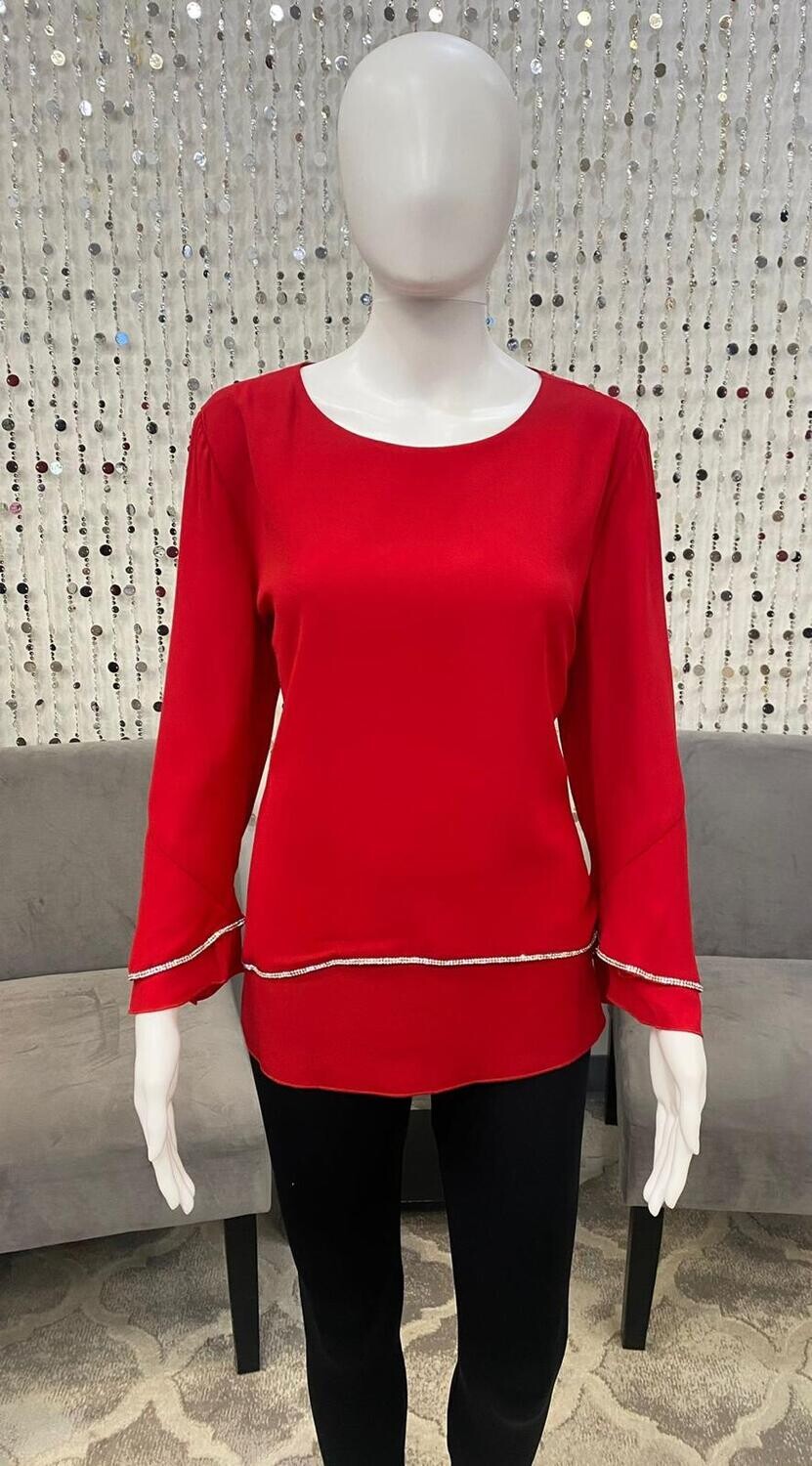60676 Overlay Rhinestone Blouse-Red