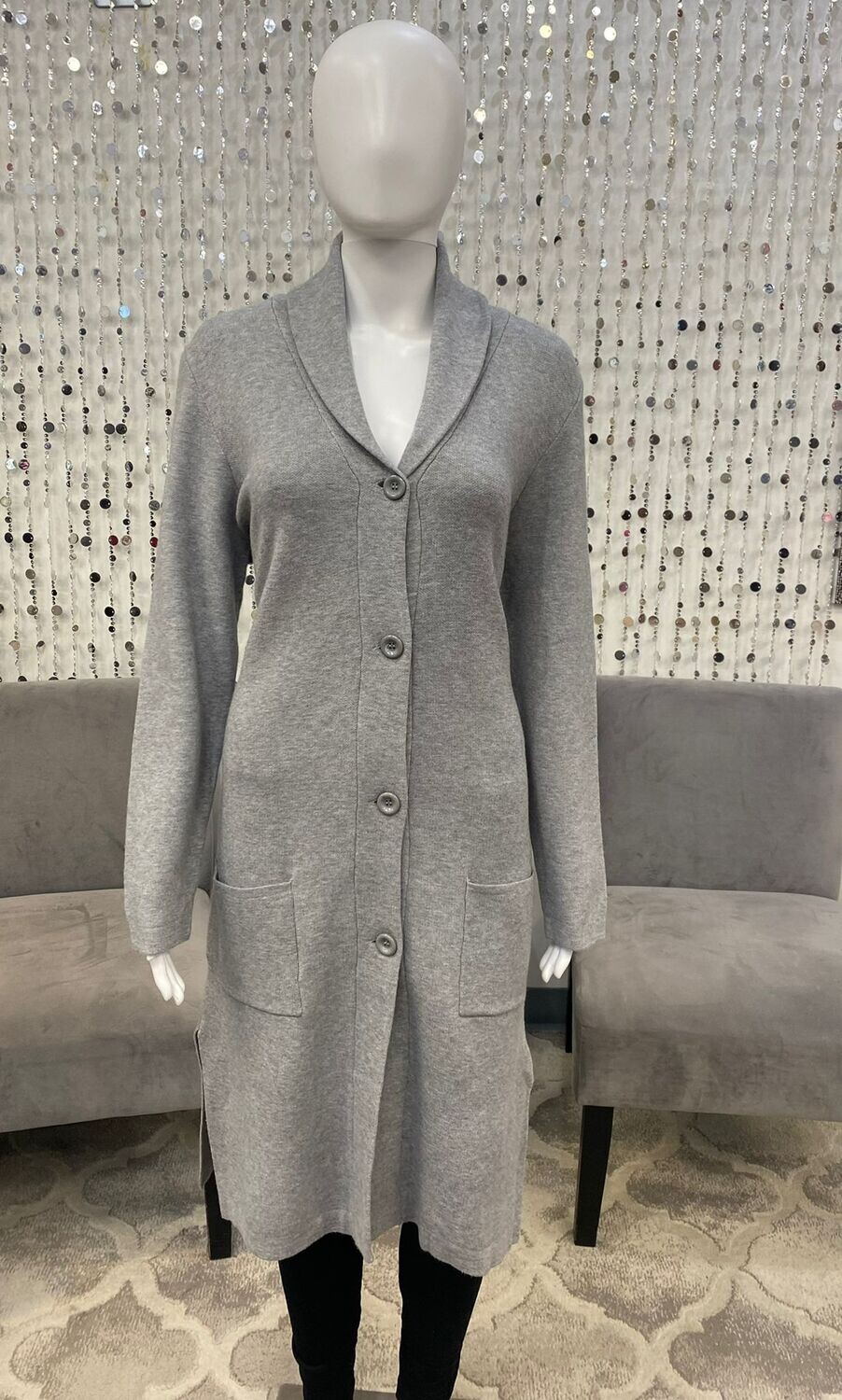 23202 Long Cardigan with Pocket-Light Grey Melange