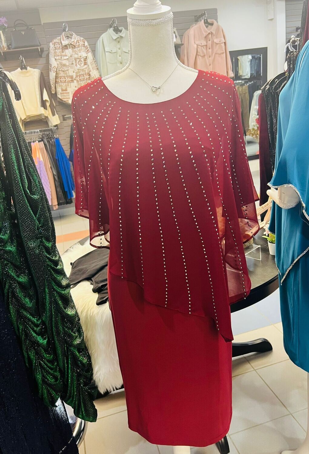 60668 Amanda Rhinestone Dress-Burgundy