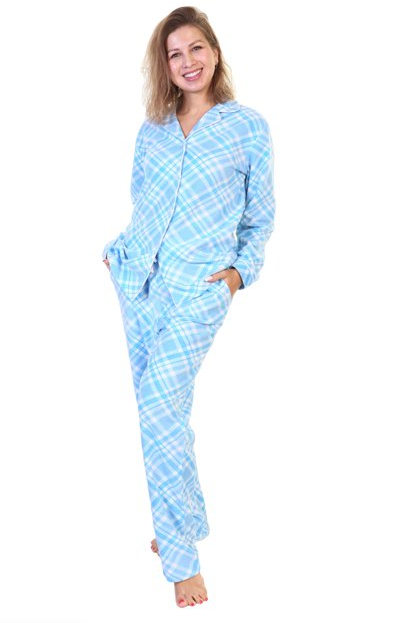 Blue Check Cozy Fleece Notch Collar Pajama Set