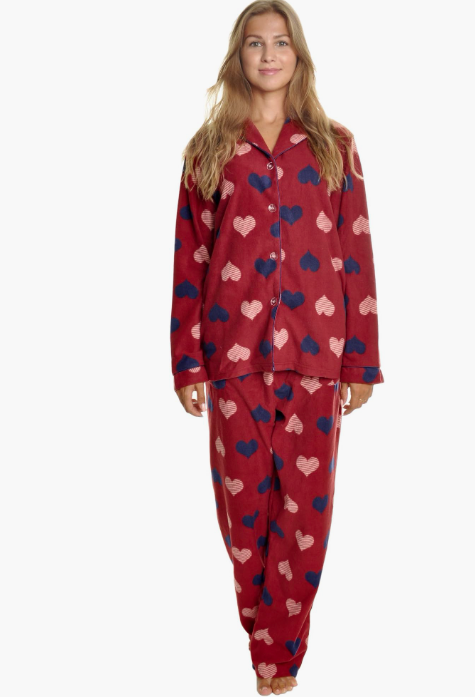 Heart Cozy Fleece Notch Collar Pajama Set