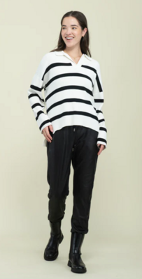 Mandy Polo Sweater-Blk/Wht Stripe