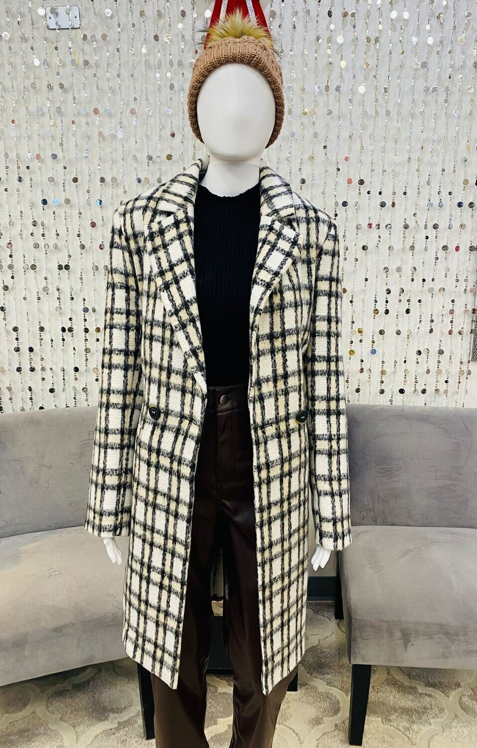 7002310 Jakke Double Breasted Coat-Natural Check