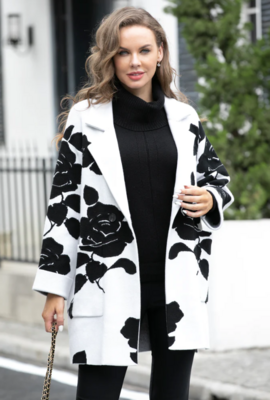 TF-01 Tabbatha&#39;s Coat With Rose Flower-White/Black