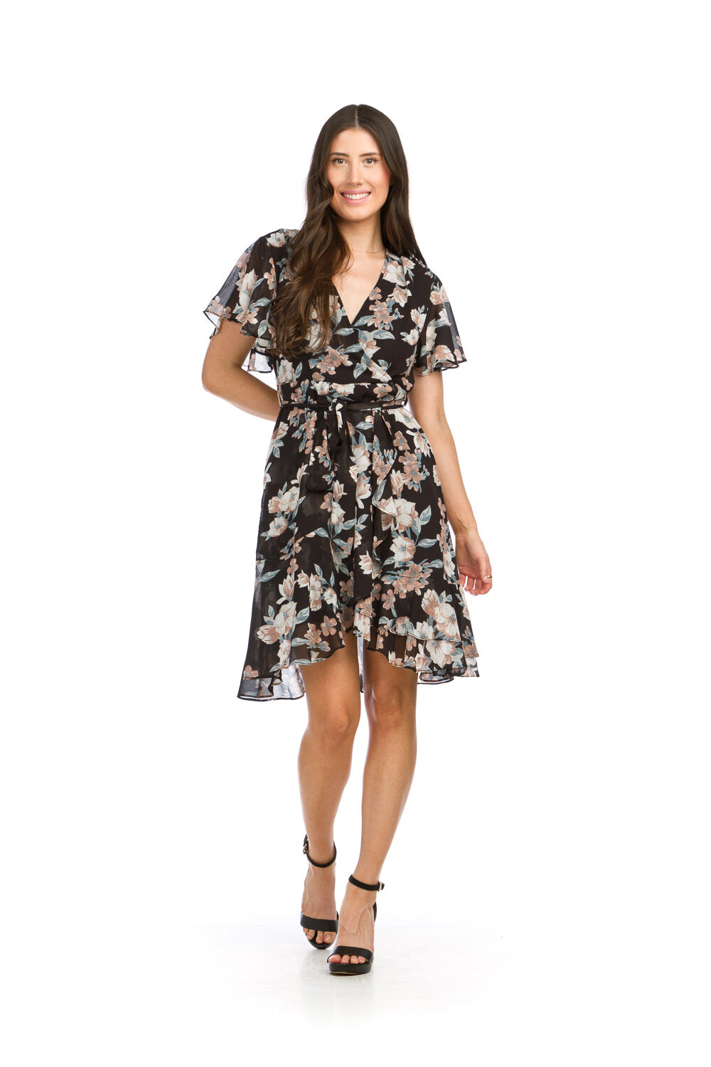 PD-16616 Floral Wrap Dress-Black